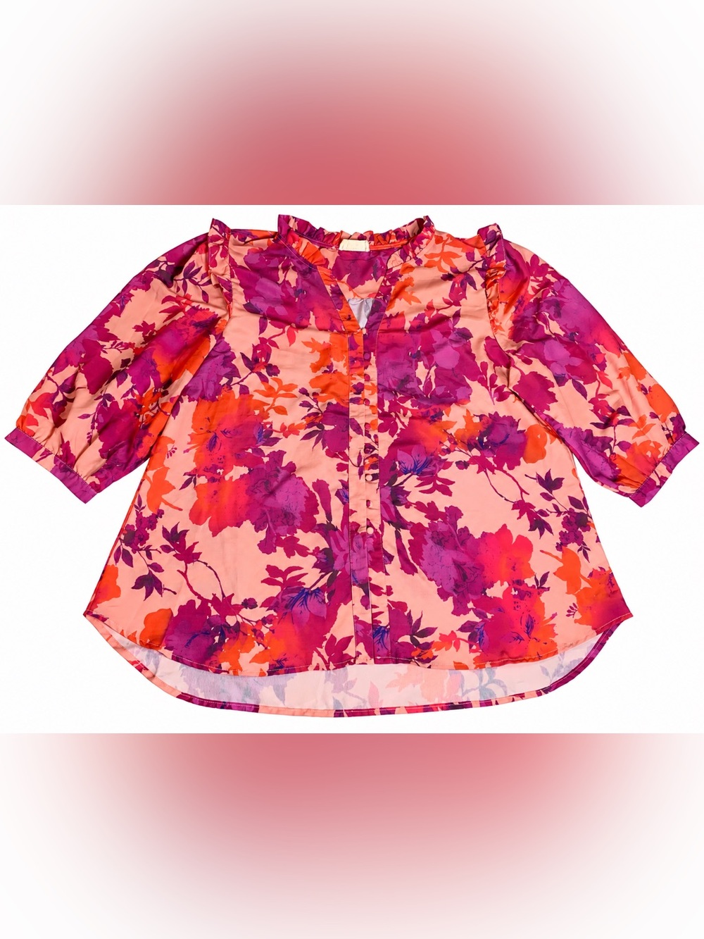 First Love by Lovelyn 2X Watercolor Floral Ruffle Tunic Blouse Pink Orange